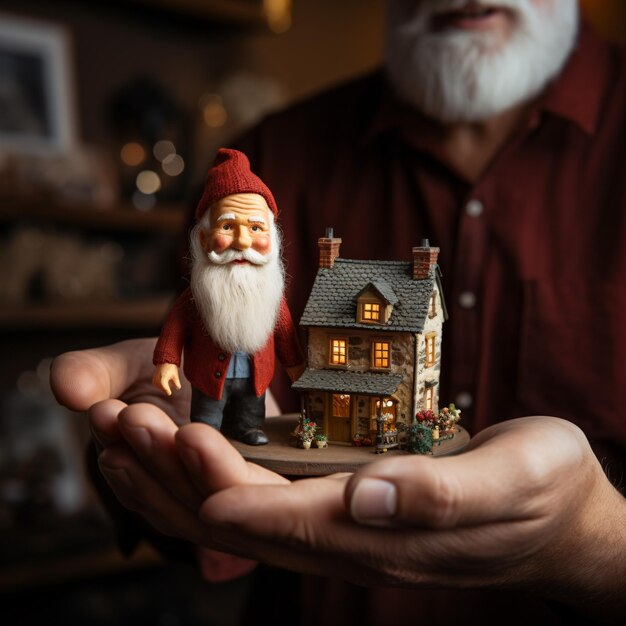 um homem segurando uma casa em miniatura nas mãos