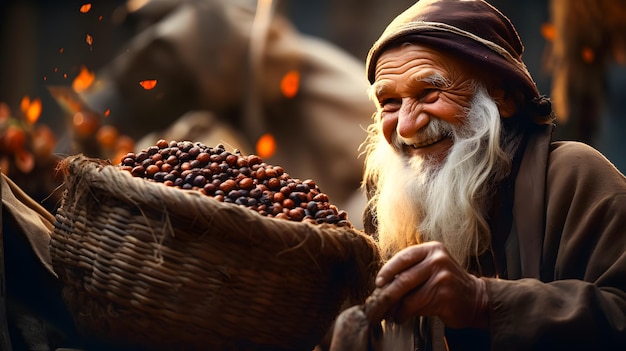 um homem segurando uma cesta de grãos de café