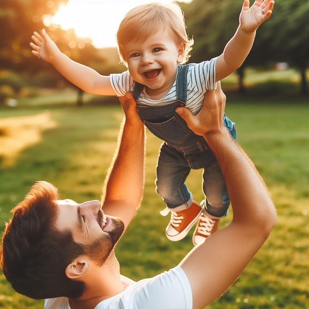 Foto um homem segurando uma criança no ar