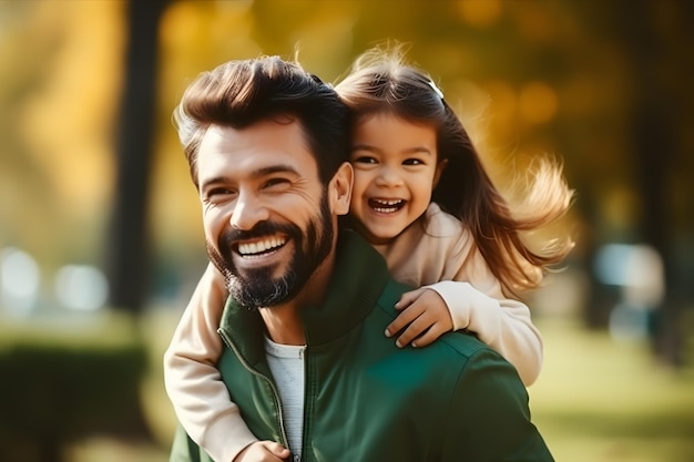 Um homem segurando uma menina em seus ombros em um parque ia generativa