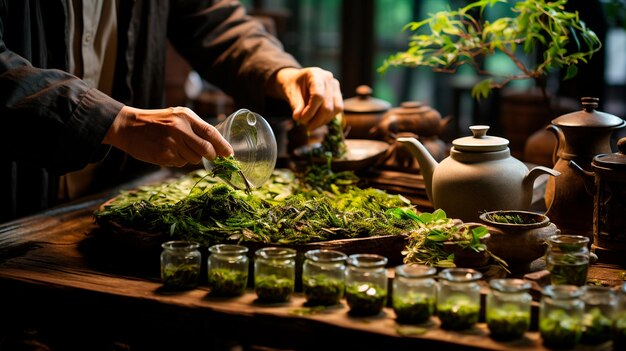 um homem segurando uma panela de chá verde com um bule