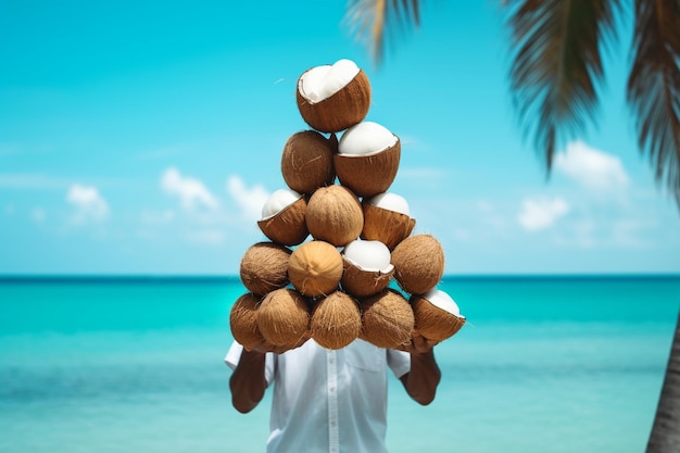 Foto um homem segurando uma pilha de cocos na praia