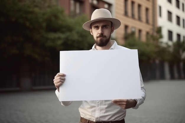 Foto um homem segurando uma placa branca em branco na frente de um prédio de tijolos