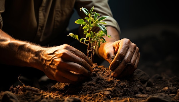 Um homem segurando uma planta em suas mãos. Um homem cuidando de uma pequena planta em um jardim