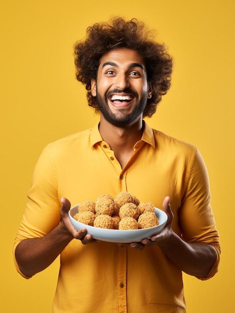 Foto um homem segurando uma tigela de comida com um fundo amarelo