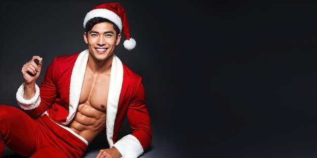 Um homem sem camisa com um chapéu de Papai Noel e uma jaqueta de Papai Natal aberta sorrindo com um piscar de olhos brincalhão contra uma parte de trás escura