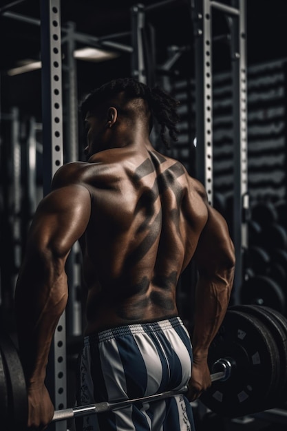 Um homem sem camisa parado na frente de uma imagem ai generativa de barra