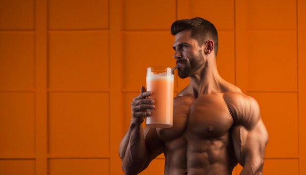 um homem sem camisa segurando uma grande caneca de cerveja