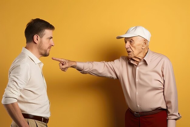 Um homem sênior apontando um jovem. Fundo amarelo. Pai - filho discutindo, conceito