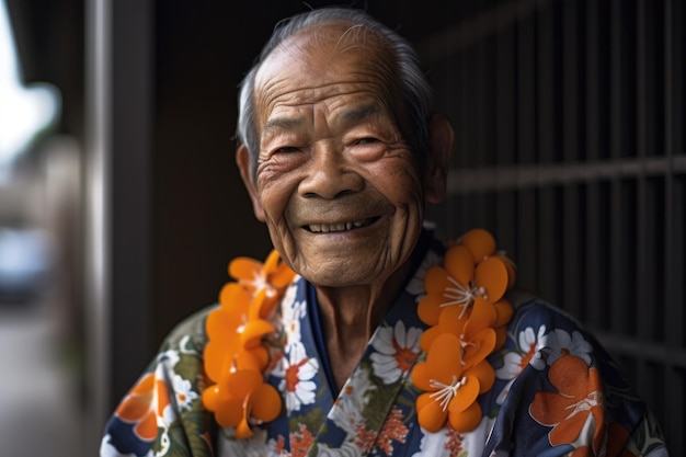 Um homem sênior em um quimono sorrindo para a câmera criada com IA generativa