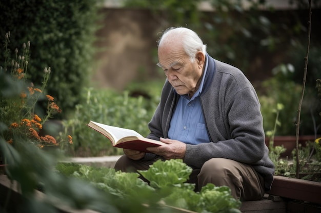 Um homem sênior estudando um livro em um jardim