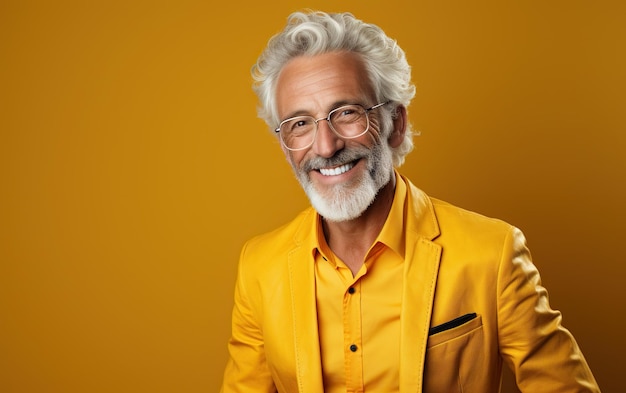 Um homem sênior sorridente e feliz com o polegar para cima vestido de forma colorida sobre fundo de espaço de cópia amarelo