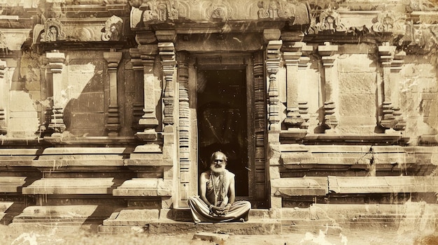 Um homem senta-se em frente a um templo com um sinal nele.