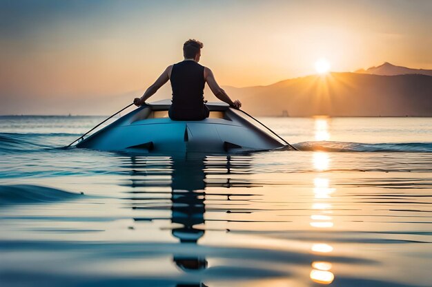 Foto um homem senta-se em um barco na água com o sol a pôr-se atrás dele
