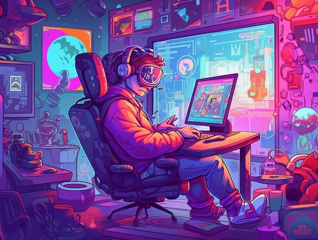 Um homem senta-se em um computador na frente de uma tela de computador que diz "jogo" nele