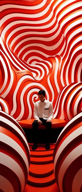 Foto um homem senta-se em um sofá em uma sala com uma parede listrada vermelha e branca