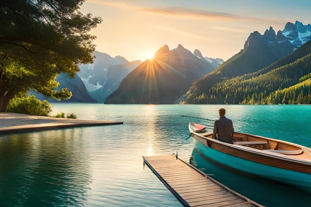 Um homem senta-se em uma doca com um barco na água e montanhas ao fundo.