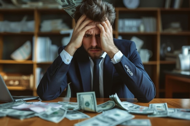 Foto um homem senta-se em uma mesa cercado por pilhas de dinheiro na frente dele um empresário estressado lidando com pagamentos de empréstimos ai gerado