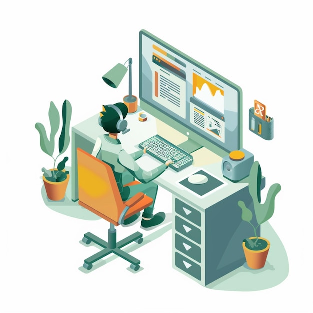 um homem senta-se em uma mesa com um computador e uma planta em vaso sobre ele