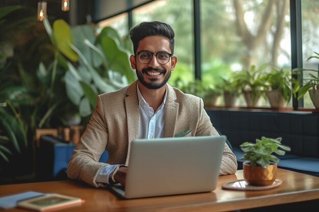 um homem senta-se em uma mesa com um laptop e plantas no fundo