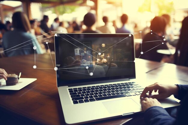 Foto um homem senta-se em uma mesa com um laptop e um grupo de pessoas ao fundo