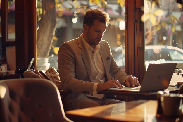 Foto um homem senta-se em uma mesa com um laptop e um laptop