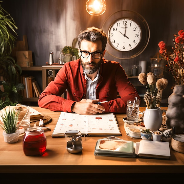 Um homem senta-se em uma mesa com um livro na mão e está escrevendo Gerado por IA