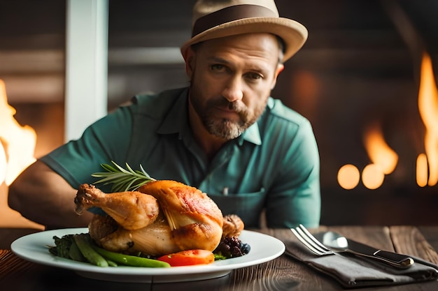 Foto um homem senta-se em uma mesa com um peru e um fogo ao fundo