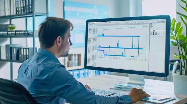 um homem senta-se em uma mesa com uma tela de computador mostrando um gráfico