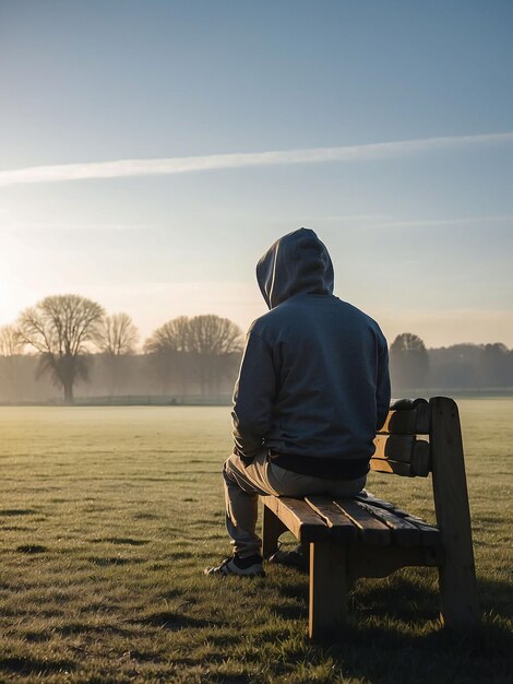Um homem senta-se na borda de um campo vestindo um capuz em uma manhã de inverno