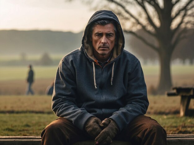 Um homem senta-se na borda de um campo vestindo um capuz em uma manhã de inverno