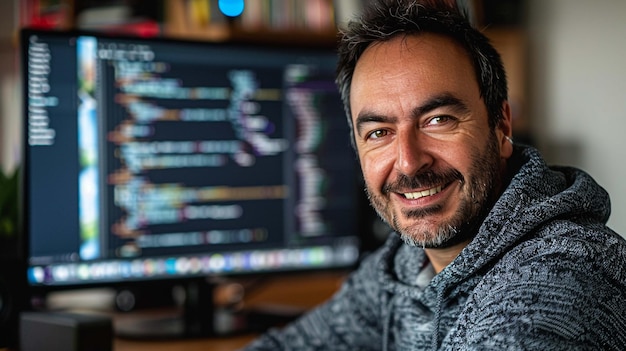 um homem senta-se na frente de um computador com um grande monitor atrás dele