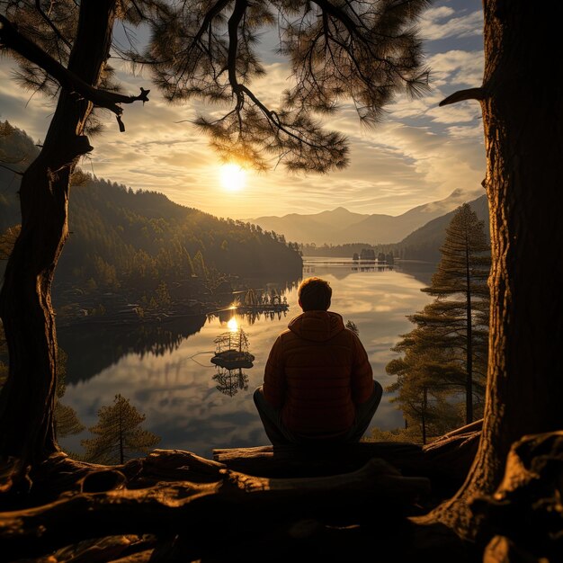 Foto um homem senta-se na frente de um lago com um pôr-do-sol no fundo