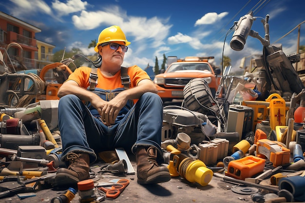 um homem senta-se na frente de uma pilha de ferramentas e ferramentas