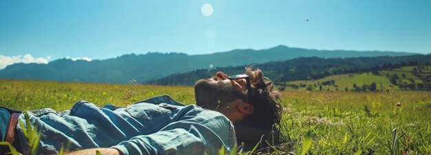 Um homem senta-se na grama com os olhos fechados, desfrutando da vista e do seu conforto, em um campo aberto, ele está deitado com óculos de sol.