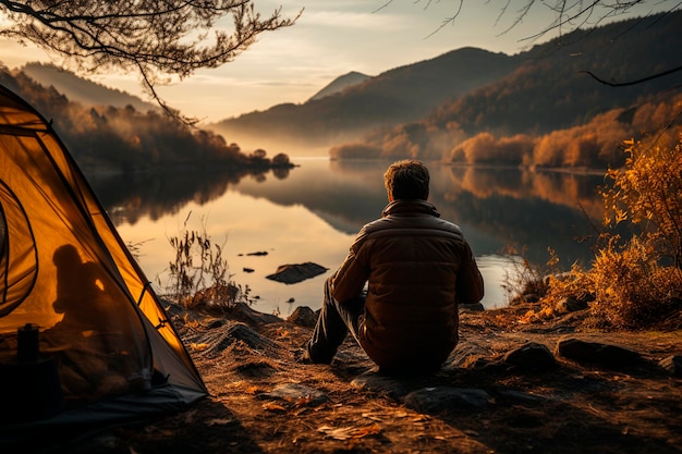 Um homem senta-se na margem do lago e aprecia o pôr do sol Generative AI