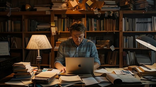 Foto um homem senta-se na sua secretária a trabalhar no seu portátil, está cercado de livros e papéis, a sala está mal iluminada por uma lâmpada.
