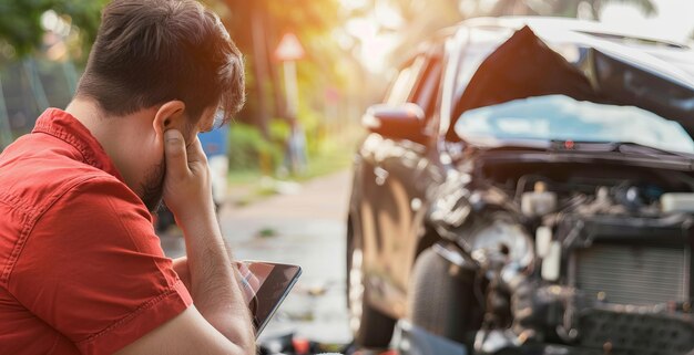 Um homem senta-se no chão ao lado de um carro que esteve em um acidente