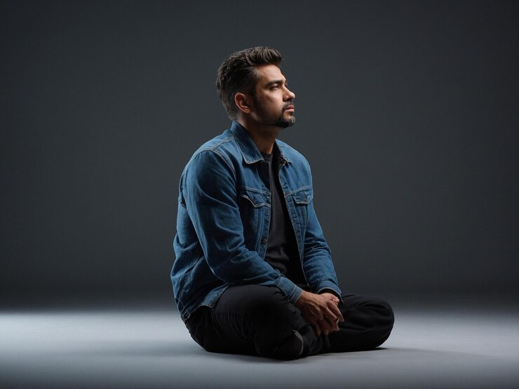 Foto um homem senta-se no chão com uma jaqueta de jeans