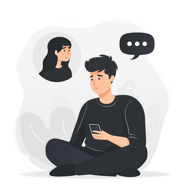 Um homem senta-se no chão e olha para o telemóvel.