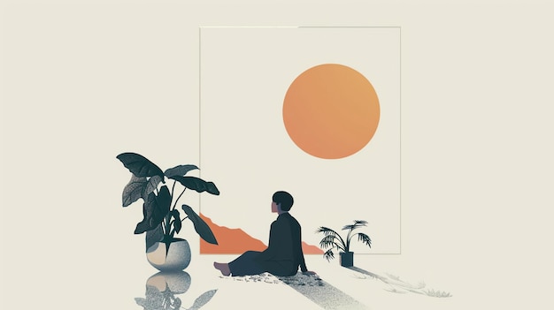 Um homem senta-se no chão em frente a uma grande janela ele está olhando para uma paisagem de montanha há uma planta em vaso ao lado dele