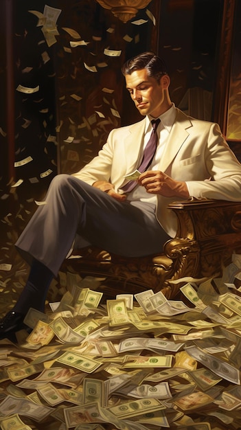Foto um homem senta-se numa cadeira com dinheiro nas mãos.