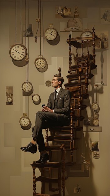 Foto um homem senta-se numa cadeira com um relógio na parede e a hora é 10h00.