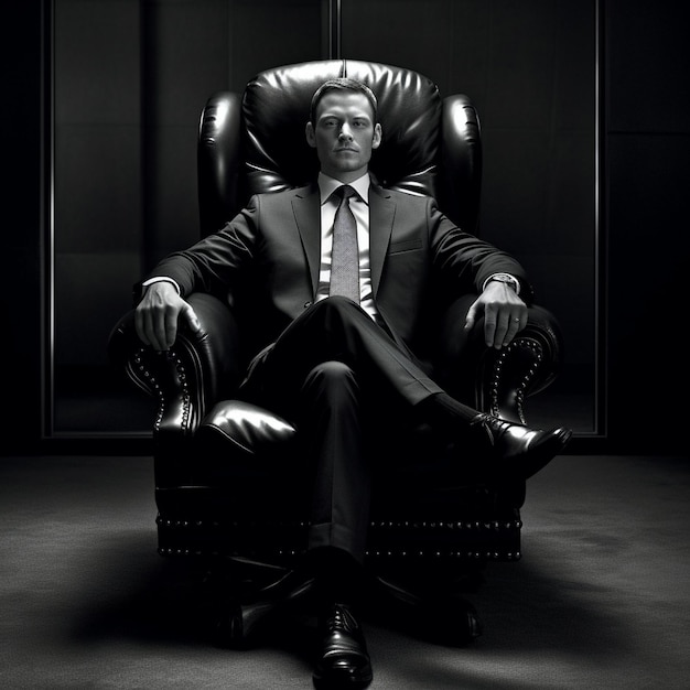 Um homem senta-se numa cadeira numa sala escura.