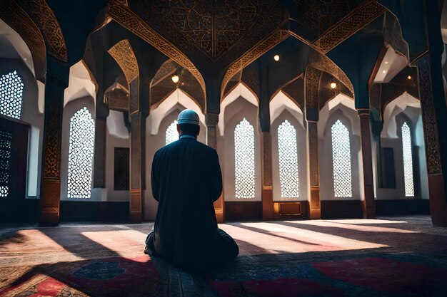 Um homem senta-se numa mesquita com as mãos em oração.
