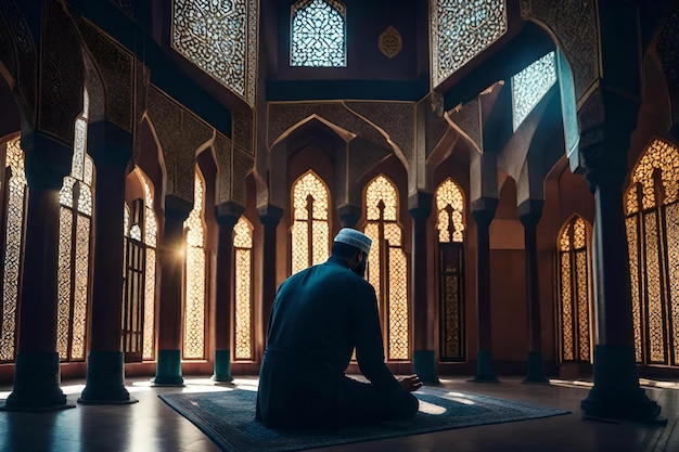 Um homem senta-se numa mesquita com as mãos nos joelhos.