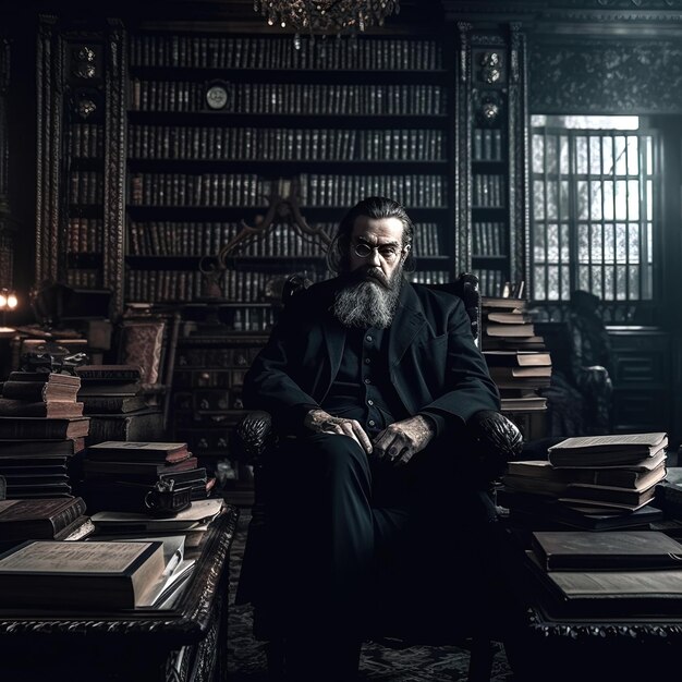 um homem senta-se numa sala cheia de livros com um homem sentado em frente a ele