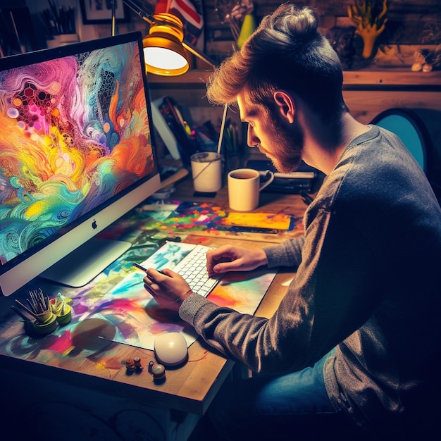 Um homem senta-se numa secretária com uma pintura intitulada "O Artista".