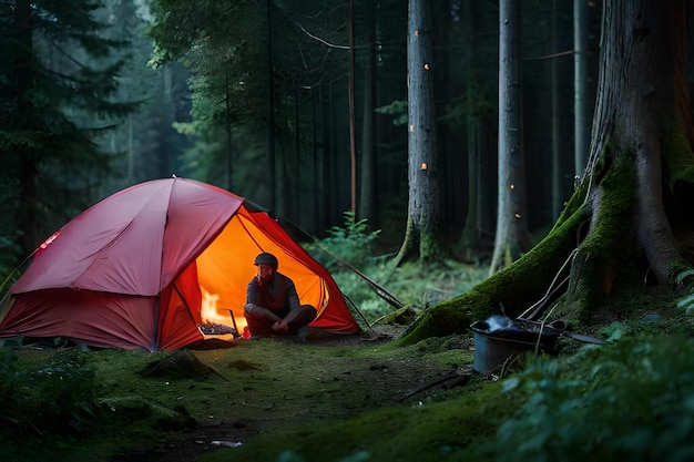 Um homem senta-se numa tenda na floresta com um fogo ao fundo.