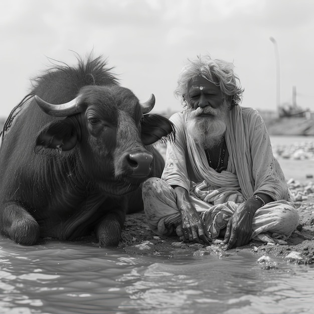 um homem sentado ao lado de uma vaca na água